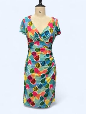 Colorful Leaf-Print Ruched V-Neck Dress